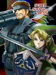  artist_request beard blonde_hair blue_eyes brown_hair cigarette facial_hair grin hat headband holding holding_sword holding_weapon left-handed link male_focus master_sword metal_gear_(series) metal_gear_solid multiple_boys pointy_ears rocket_launcher shield smile solid_snake super_smash_bros. sword the_legend_of_zelda weapon 