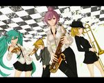  3girls aqua_eyes aqua_hair ar blonde_hair breasts cleavage hair_ribbon hat hatsune_miku instrument jazz kagamine_len kagamine_rin medium_breasts megurine_luka multiple_girls pink_eyes pink_hair ribbon saxophone short_hair skirt small_breasts smile trombone trumpet twintails vocaloid yellow_eyes 