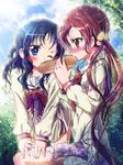  blue_eyes eating eyelashes hanasaki_tsubomi heartcatch_precure! inoshishi_(ikatomo) kurumi_erika long_hair multiple_girls myoudou_gakuen_middle_school_uniform one_eye_closed precure red_hair school_uniform shared_food twintails yuri 