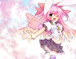  ;d animal_ears bad_id bad_pixiv_id bow bunny_ears character_request detached_wings emil_chronicle_online green_eyes hair_bow hair_ornament hair_ribbon long_hair looking_at_viewer natsuki_yuu_(amemizu) navel one_eye_closed open_mouth outstretched_arms pink_hair pleated_skirt ribbon skirt smile solo spread_arms striped striped_legwear thighhighs whistle wings zettai_ryouiki 