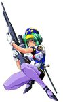  90s artist_request bangs belt breasts burn-up burn-up_excess full_body gloves green_hair gun hairband hat headband highres jinguu_maya large_breasts legs official_art pantyhose police police_hat police_uniform policewoman purple_eyes purple_legwear rifle shirt shoes short_hair simple_background skirt smile sniper sniper_rifle solo squatting tonfa uniform weapon white_background 