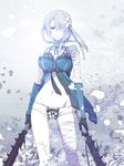  bandages bow bow_panties braid club dual_wielding gloves hair_over_one_eye highres hips holding kaine_(nier) kanabou lace lace-trimmed_panties lingerie midriff navel negligee nier nier_(series) no_pants paint_splatter panties purple_eyes solo underwear weapon white_hair white_panties wind yuuki_kira 