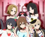  akiyama_mio black_hair blonde_hair blue_eyes brown_eyes brown_hair casual food fruit gloves hat highres hirasawa_yui holding holding_food holding_fruit igashiko k-on! kotobuki_tsumugi listen!! long_hair multiple_girls nakano_azusa polka_dot sailor_hat short_hair strawberry tainaka_ritsu 