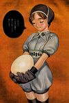  absurdres brown_hair cowboy_shot egg form_code gloves highres murata_renji scan solo thighhighs translated 