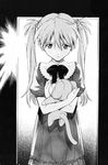  absurdres comic greyscale highres monochrome neon_genesis_evangelion official_art sadamoto_yoshiyuki scan solo souryuu_asuka_langley stuffed_animal stuffed_toy twintails younger 