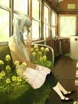  aqua_hair bad_id bad_pixiv_id bangs bench black_footwear black_pants brown_jacket capri_pants casual closed_eyes closed_mouth day dress flat_chest flower from_side fujino_iro full_body hair_over_shoulder hand_on_own_thigh hatsune_miku holding holding_flower indoors jacket light_smile long_hair long_sleeves nature open_clothes open_jacket overgrown pants pants_under_dress profile shoes sidelocks sitting sleeves_past_wrists smelling_flower smile solo striped twintails vocaloid window wooden_floor 
