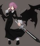  androgynous black_eyes cali crona_(soul_eater) purple_hair ragnarok_(demon_sword) sad short_hair soul_eater sword weapon wings 