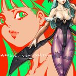  animal_print bat_print bat_wings breasts character_name cleavage green_eyes green_hair kari_(artist) large_breasts morrigan_aensland pantyhose print_legwear vampire_(game) wings 