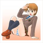  brown_eyes brown_hair fujimoto_atsuko lielos original panties pantyshot salute school_uniform skirt solo striped striped_panties underwear 