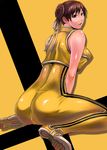  :d alternate_color ass bangs bare_shoulders between_legs blush bodysuit breasts brown_eyes brown_hair bruce_lee's_jumpsuit cameltoe chun-li crop_top double_bun double_vertical_stripe hair_ribbon hand_between_legs kill_bill kokuryuugan large_breasts leaning_forward looking_at_viewer looking_back open_mouth parody parted_bangs profile ribbon shadow shiny shiny_clothes shiny_skin shoes short_hair simple_background sitting skin_tight sleeveless smile sneakers solo street_fighter street_fighter_zero_(series) unitard wariza wide_hips yellow yellow_background yellow_bodysuit yellow_footwear 