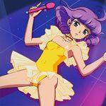  ahoge blue_eyes choker creamy_mami dress drill_hair eyeshadow flat_chest frills haruyama_kazunori idol leotard lipstick lowres lying magical_girl mahou_no_tenshi_creamy_mami makeup microphone morisawa_yuu purple_hair see-through skirt solo yellow_leotard 