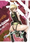  ass bad_id bad_pixiv_id bare_shoulders bh001 blonde_hair blue_eyes blush boots copyright_request gun highres looking_back no_panties sitting solo weapon 