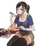  1girl black_eyes black_hair black_legwear bowl bracelet breasts chopsticks cleavage eating food_in_mouth highres holding holding_chopsticks jewelry jun_(seojh1029) looking_at_viewer original ponytail shorts simple_background sitting solo thighhighs white_background 