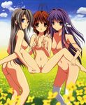  antenna_hair blue_eyes brown_eyes brown_hair carrying clannad flower fujibayashi_kyou furukawa_nagisa hair_ribbon long_hair multiple_girls nude nude_filter purple_eyes purple_hair ribbon sakagami_tomoyo short_hair silver_hair third-party_edit v yuri 