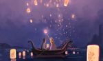  1boy 1girl blonde_hair boat braid brown_hair castle commentary_request disney dress facing_away feet_out_of_frame floating flower flynn_rider from_behind glowing gori_matsu hair_flower hair_ornament holding holding_oar lantern long_hair long_sleeves looking_up night night_sky oar outdoors outstretched_arm profile purple_dress rapunzel_(disney) reflection shirt short_hair sitting sky sky_lantern standing tangled very_long_hair waistcoat water watercraft white_shirt 