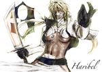  abs arrancar baryan bleach blonde_hair blue_eyes breasts dark_skin espada large_breasts long_hair realistic revealing_clothes solo spoilers sword tattoo tier_harribel weapon 