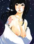  bare_shoulders black_hair blush breasts breath copyright_request kazaana large_breasts long_hair snow solo tattoo 