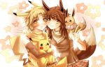  1boy 1girl blonde_hair blush breasts brown_hair closed_mouth creature creature_and_personification creatures_(company) eevee eevee_ears elbow_gloves frown game_freak gen_1_pokemon gloves holding holding_pokemon medium_breasts nintendo personification pikachu pikachu_ears plaid plaid_skirt pokemon pokemon_(creature) pokemon_ears pokemon_on_shoulder skirt sleeveless smile star starry_background urusai-baka yellow_eyes 