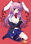  animal_ears araiguma bad_id bad_pixiv_id banana between_breasts black_legwear blush breast_squeeze breasts bunny_ears chocolate feet food fruit large_breasts long_hair mouth_hold navel necktie nipples open_clothes open_shirt panties panty_pull purple_hair red_eyes red_neckwear reisen_udongein_inaba school_uniform shirt sitting solo thighhighs touhou underwear 