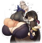  1girl ass back barefoot belly black_hair blonde_hair bodysuit bracelet breasts brown_eyes cleavage eyes_closed feet female fire_emblem fire_emblem_if futa_on_female futanari hair_ornament hairband heart huge_breasts jewelry kanna_(fire_emblem_if) long_hair motion_blur motion_lines navel nintendo open_mouth paizuri penis pointy_ears scarf see-through sinensian syalla_(fire_emblem_if) teeth tongue torn_clothes trembling veins veiny_penis wet white_background 
