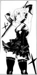  1girl armpits arms_up artoria_pendragon_(all) breasts cleavage cowboy_shot detached_sleeves dress fate_(series) greyscale hair_bun halterneck henken highres looking_at_viewer monochrome parted_lips saber_alter short_dress short_hair sidelocks small_breasts solo strap_gap sword thighhighs weapon zettai_ryouiki 