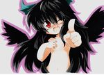  black_hair flat_chest highres laughing long_hair marker_(medium) milkpanda nude one_eye_closed pointing pointing_at_viewer red_eyes reiuji_utsuho solo touhou traditional_media very_long_hair wings 