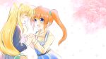  2girls alternate_costume blonde_hair blue_eyes cherry_blossoms couple eyes_closed fate_testarossa hair_ornament hand_holding happy interlocked_fingers kerorokjy long_hair looking_at_another lyrical_nanoha mahou_shoujo_lyrical_nanoha mahou_shoujo_lyrical_nanoha_strikers multiple_girls orange_hair petals side_ponytail simple_background smile takamachi_nanoha tree uniform yuri 