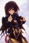  absurdres bodysuit breasts brown_hair covered_nipples highres large_breasts long_hair miwa_yoshikazu muvluv muvluv_alternative muvluv_total_eclipse navel necktie pilot_suit puffy_nipples ribbon shiny shiny_clothes skin_tight solo takamura_yui 