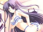  bra breast_hold breasts game_cg lingerie long_hair lyrical_ds lyrical_lyric medium_breasts mikeou mirror non-web_source one_eye_closed panties purple_eyes purple_hair solo striped striped_bra striped_panties takami_rin twintails underwear underwear_only 