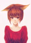  1girl animal_ears blush bow breasts brown_hair cat_ears commentary ear_down embarrassed lips looking_at_viewer original red_sweater sakimori_(hououbds) short_hair shrug simple_background small_breasts smile solo sweater upper_body 