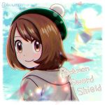  1girl akika_821 bangs beret blurry blush bokeh brown_eyes brown_hair cloud copyright_name creatures_(company) depth_of_field female_protagonist_(pokemon_swsh) game_freak hat lens_flare looking_at_viewer looking_back nintendo pokemon pokemon_(game) pokemon_swsh short_hair sky smile solo twitter_username upper_body 