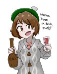  1girl alcohol beret brown_eyes brown_hair creatures_(company) eyebrows female_protagonist_(pokemon_swsh) game_freak hat highres matching_hair/eyes nintendo open_mouth pokemon pokemon_swsh shirt short_hair simple_background solo text_focus white_background 
