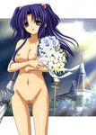  blue_eyes blue_hair bouquet breast_hold breasts church clannad flower ichinose_kotomi long_hair nude nude_filter solo third-party_edit two_side_up umbrella 