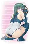  ahoge ass back bad_id bad_pixiv_id bangs bare_shoulders blue_gloves blue_legwear blue_leotard boots breasts elbow_gloves facial_mark from_side full_body gloves gradient gradient_background green_hair gun hair_between_eyes halterneck handgun holding holding_weapon kannagi_itsuki knee_up leotard long_hair looking_at_viewer looking_back medium_breasts one_knee outline pilot_suit plump purple_background purple_eyes serious solo sora_wo_kakeru_shoujo striped striped_background sujiko thigh_boots thighhighs trigger_discipline turtleneck weapon 