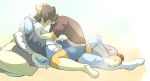  anthro bulge canid canine canis chest_tuft clothed clothing domestic_dog duo eyes_closed felid feline hair hand_on_neck hands_behind_head kissing lying male male/male mammal munks_(artist) on_back pillow raised_arm shirt_up straddling tuft 
