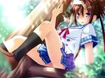  blue_eyes blush brown_hair cat chu_x_chu_idol game_cg in_tree kneehighs long_hair nakauchi_chiyu ozawa_akifumi panties pantyshot plaid school_uniform sitting sitting_in_tree skirt socks solo tree twintails underwear very_long_hair white_panties 