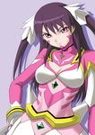  bodysuit breasts cleavage cleavage_cutout hazakura_sakura large_breasts misnon_the_great my-otome pink_bodysuit purple_eyes purple_hair solo twintails 