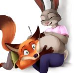  2019 anthro bahnbahn_(artist) canid canine clothed clothing disney fox fur green_eyes judy_hopps mammal nick_wilde pregnant red_fox simple_background smile surprise white_background zootopia 