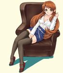  armchair asahina_mikuru_(adult) black_legwear breasts brown_hair chair cleavage feet high_heels large_breasts legs lipstick long_hair makeup maruyama miniskirt mole mole_on_breast pencil_skirt sandals shoes sitting sitting_sideways skindentation skirt smile solo suzumiya_haruhi_no_yuuutsu thighhighs toes yellow_eyes zettai_ryouiki 