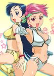  2girls 80s blue_eyes blue_hair breasts cleavage cosplay dirty_pair headband kei_(dirty_pair) midriff multiple_girls navel oldschool pink_eyes pink_hair ueyama_michirou yuri_(dirty_pair) 