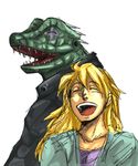  1girl blonde_hair caiman closed_eyes dorohedoro height_difference laughing lizard lowres nikaidou_(dorohedoro) open_mouth sharp_teeth simple_background sketch smile tattoo teeth 
