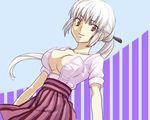  breasts cleavage large_breasts long_hair lowres non-web_source open_clothes open_shirt ponytail red_eyes shirt solo tsubomi_fujiko white_hair younger zettai_karen_children 