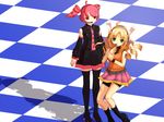  3d ahoge amane_luna blonde_hair checkered detached_sleeves drill_hair headphones headset kasane_teto multiple_girls necktie red_hair thighhighs twin_drills twintails utau watabe_nanami 