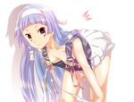  bangs bent_over blue_hair blunt_bangs downblouse flat_chest hairband jet_yowatari kannagi long_hair nagi no_bra panties panty_pull pleated_skirt purple_eyes skirt solo underwear white_panties white_skirt 