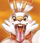  2019 ambiguous_gender digital_media_(artwork) feral fur gaping_mouth lagomorph mammal mouth_shot nintendo open_mouth pok&eacute;mon pok&eacute;mon_(species) saliva scorbunny simple_background solo teeth thescribblychicken tongue tongue_out video_games white_fur 