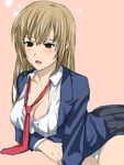  blush breasts brown_hair cleavage empty_eyes fura long_hair medium_breasts minami-ke minami_haruka necktie open_clothes open_mouth open_shirt panties pantyshot saliva school_uniform shirt solo underwear 