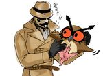  belt black_gloves brown_coat brown_hat coat crossover gen_2_pokemon gloves hat holding hoothoot mask pokemon pokemon_(creature) rorschach simple_background standing translated uso_(stsksyc) watchmen white_background 