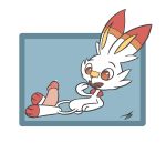  2019 3_toes adamb/fluffy ambiguous_gender digital_media_(artwork) disembodied_penis feet foot_fetish footjob humanoid_penis lagomorph lying male male/ambiguous mammal nintendo penis pok&eacute;mon pok&eacute;mon_(species) precum scorbunny sex signature simple_background toes two-footed_footjob video_games 