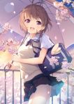  1girl :d antenna_hair black_skirt blue_sky blurry blurry_foreground blush breasts brown_hair brown_vest cherry_blossoms collared_shirt commentary_request cowboy_shot depth_of_field evening flower gradient_sky highres holding holding_umbrella light_particles looking_at_viewer miniskirt moe2019 nijihashi_sora open_mouth original outdoors petals pleated_skirt purple_eyes railing school_uniform shirt short_hair short_sleeves skirt sky small_breasts smile solo standing sunlight sunset tree umbrella vest white_flower white_shirt 