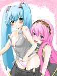  :p aqua_hair bare_shoulders blue_eyes blush breasts covered_nipples green_eyes hand_in_panties hatsune_miku highres licking long_hair masturbation megurine_luka multiple_girls open_clothes open_shirt panties pink_hair satomi_(pixiv) shirt skirt skirt_pull small_breasts tongue tongue_out twintails underwear very_long_hair vocaloid yuri 